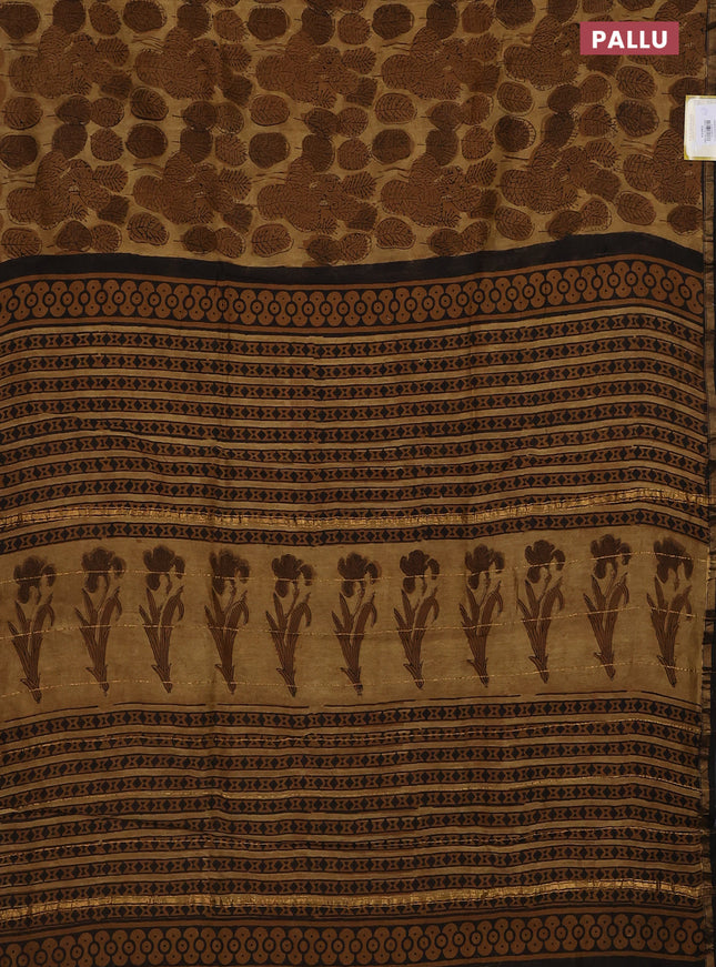 Chanderi bagru saree sandal and brown with allover leaf prints and small zari woven border