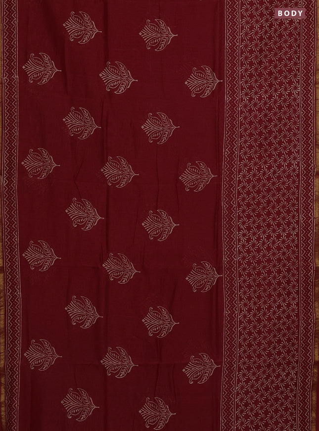Chanderi bagru saree maroon with butta prints and small zari woven border