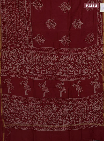 Chanderi bagru saree maroon with butta prints and small zari woven border