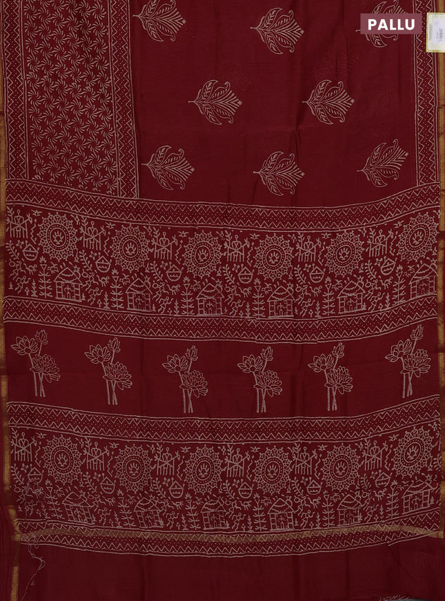 Chanderi bagru saree maroon with butta prints and small zari woven border
