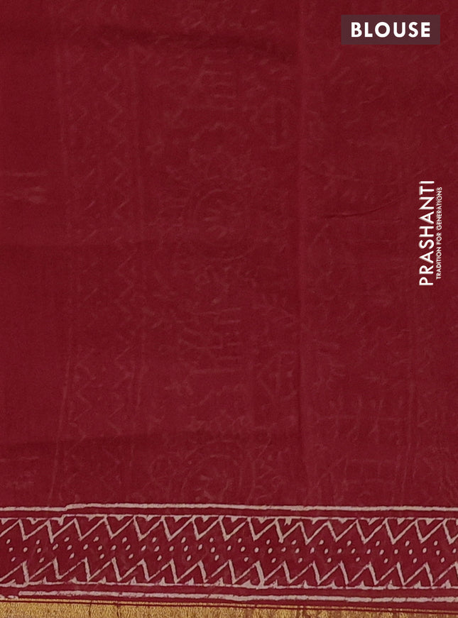 Chanderi bagru saree maroon with butta prints and small zari woven border