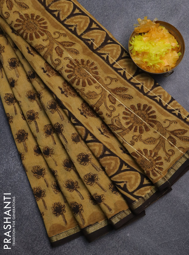 Chanderi bagru saree sandal and brown with allover floral butta prints and small zari woven border