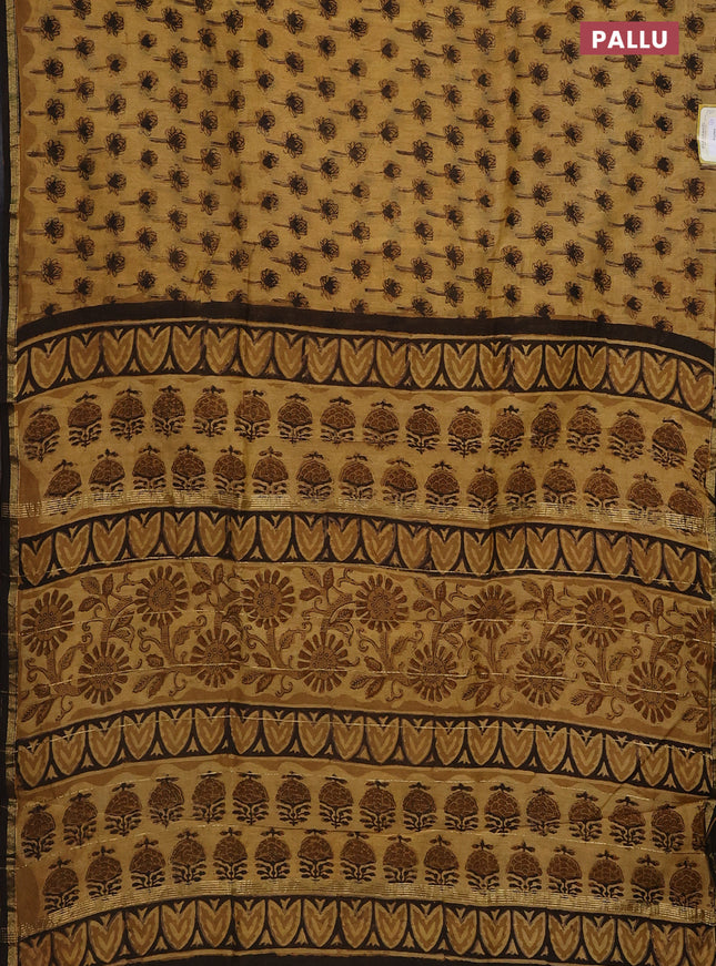 Chanderi bagru saree sandal and brown with allover floral butta prints and small zari woven border