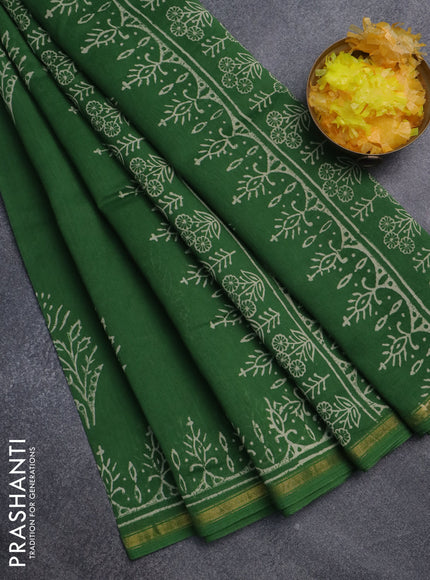Chanderi bagru saree green with floral butta prints and small zari woven border