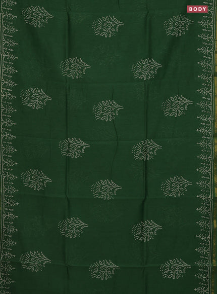 Chanderi bagru saree green with floral butta prints and small zari woven border