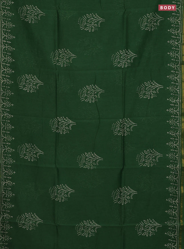 Chanderi bagru saree green with floral butta prints and small zari woven border
