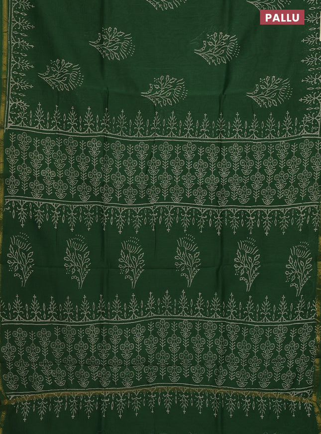 Chanderi bagru saree green with floral butta prints and small zari woven border