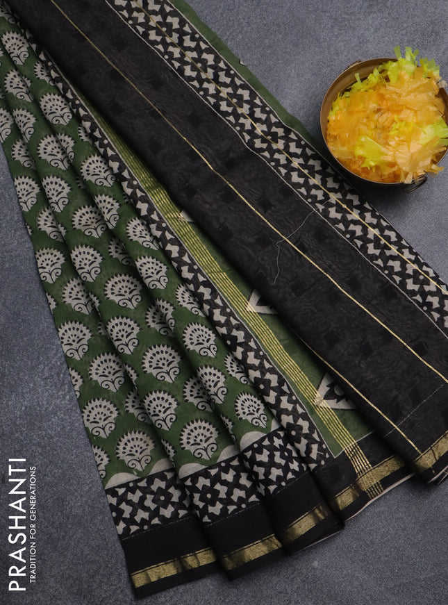 Chanderi bagru saree green and black with allover butta prints and small zari woven border