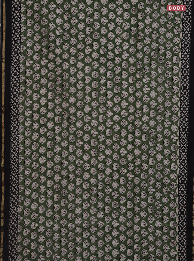 Chanderi bagru saree green and black with allover butta prints and small zari woven border