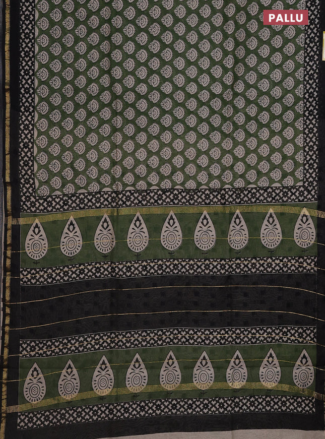 Chanderi bagru saree green and black with allover butta prints and small zari woven border