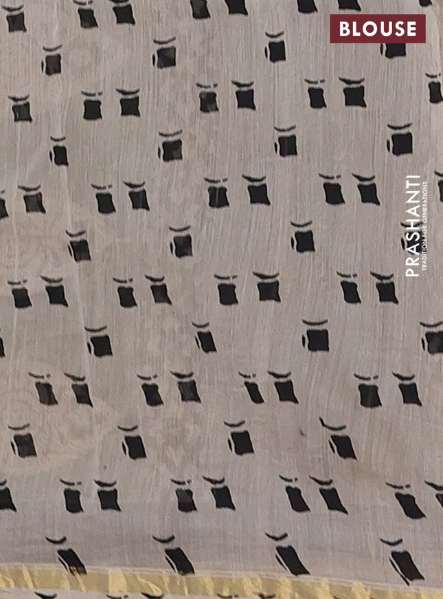 Chanderi bagru saree green and black with allover butta prints and small zari woven border