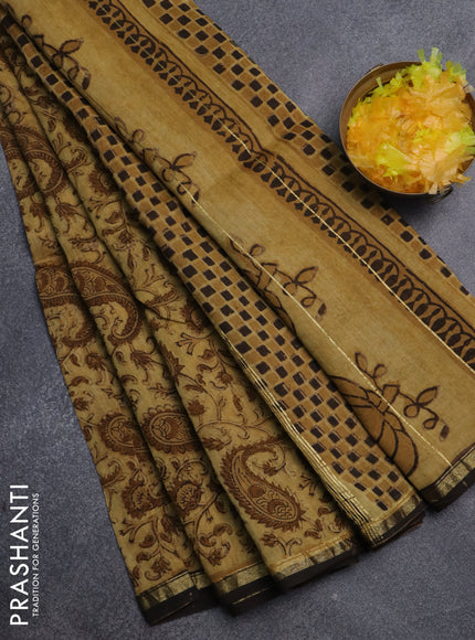 Chanderi bagru saree mustard shade and black with allover kalamkari prints and small zari woven border