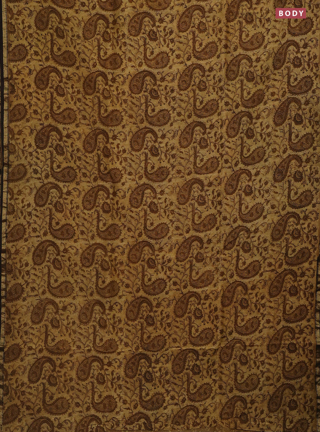 Chanderi bagru saree mustard shade and black with allover kalamkari prints and small zari woven border