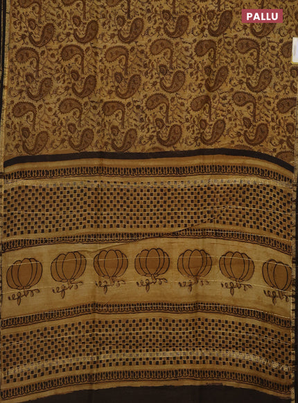 Chanderi bagru saree mustard shade and black with allover kalamkari prints and small zari woven border