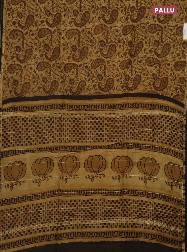 Chanderi bagru saree mustard shade and black with allover kalamkari prints and small zari woven border