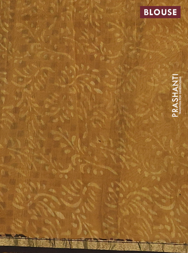 Chanderi bagru saree mustard shade and black with allover kalamkari prints and small zari woven border