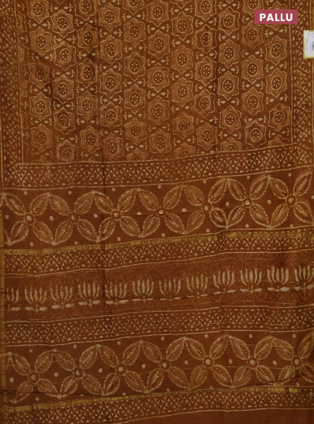 Chanderi bagru saree dark mustard with allover batik prints and small zari woven border