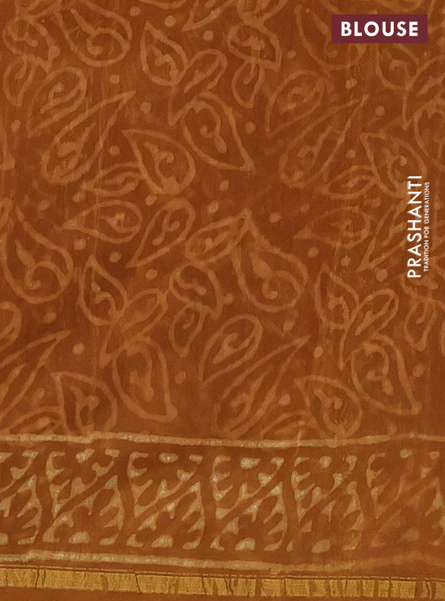 Chanderi bagru saree dark mustard with allover batik prints and small zari woven border