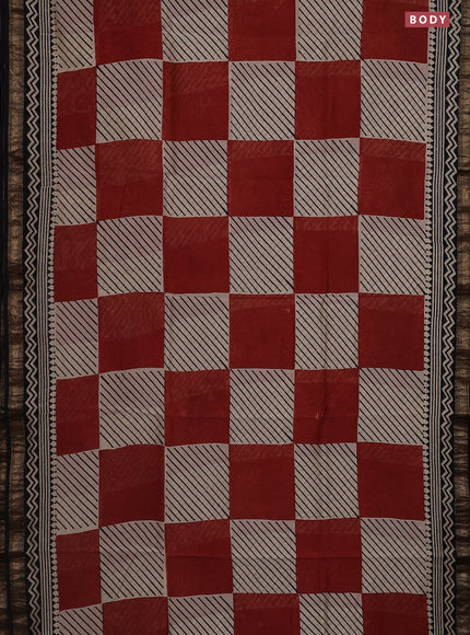 Chanderi bagru saree beige maroon and black with allover geometric box type prints and mageshwari border