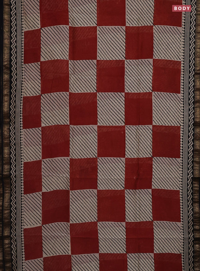 Chanderi bagru saree beige maroon and black with allover geometric box type prints and mageshwari border