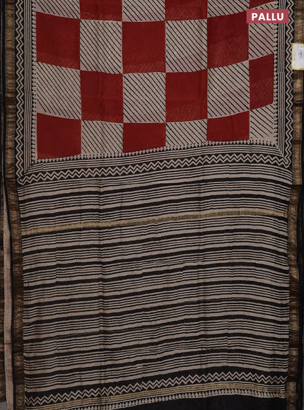 Chanderi bagru saree beige maroon and black with allover geometric box type prints and mageshwari border