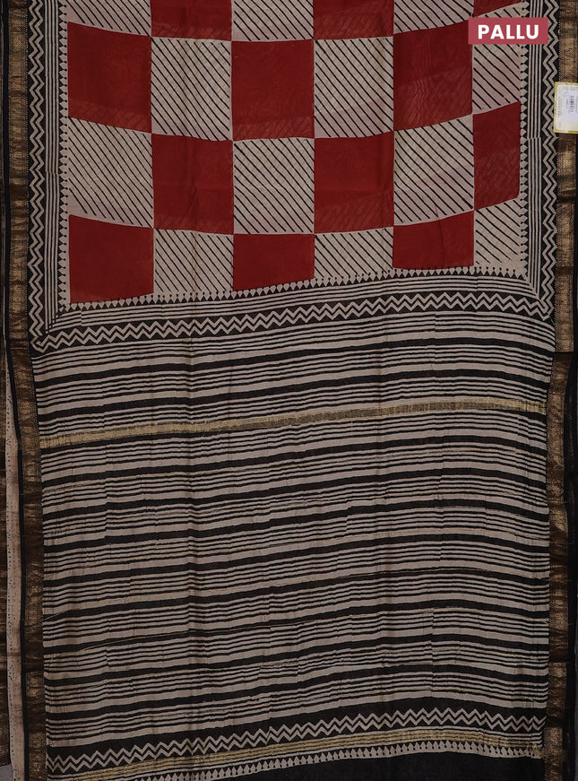 Chanderi bagru saree beige maroon and black with allover geometric box type prints and mageshwari border