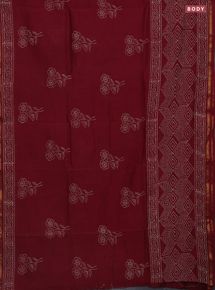 Chanderi bagru saree maroon with floral butta prints and small zari woven border
