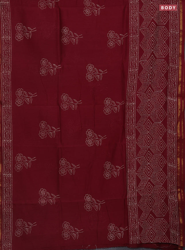 Chanderi bagru saree maroon with floral butta prints and small zari woven border
