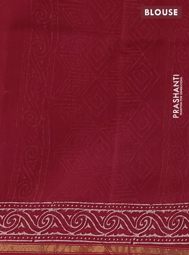 Chanderi bagru saree maroon with floral butta prints and small zari woven border