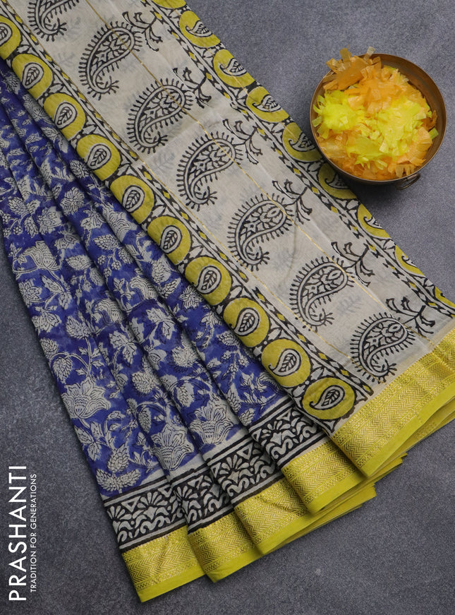 Chanderi bagru saree blue and lime yellow with allover kalamkari prints and mageshwari border