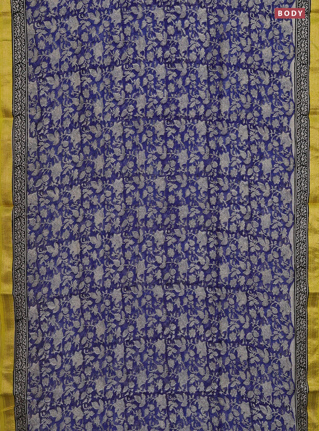 Chanderi bagru saree blue and lime yellow with allover kalamkari prints and mageshwari border