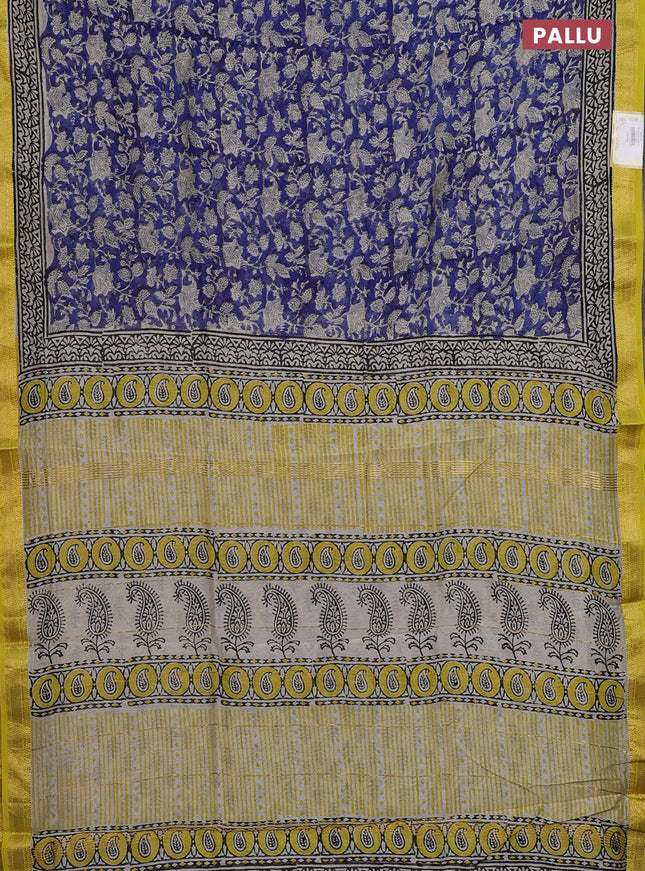Chanderi bagru saree blue and lime yellow with allover kalamkari prints and mageshwari border