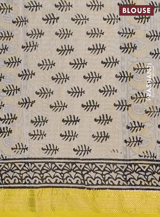 Chanderi bagru saree blue and lime yellow with allover kalamkari prints and mageshwari border