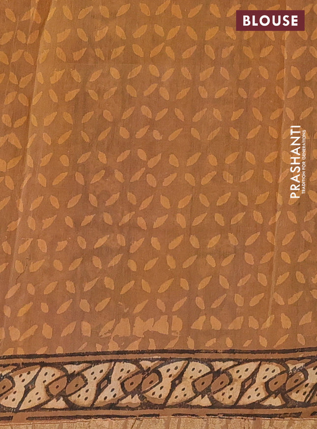 Chanderi bagru saree pastel brown and pale orange with allover prints and small zari woven border