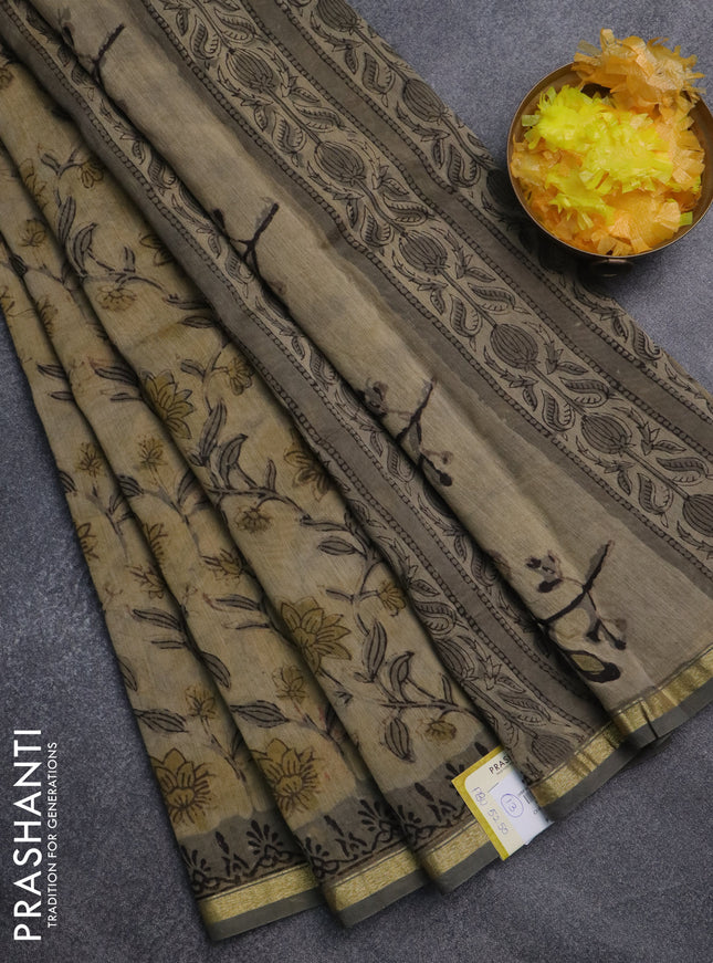 Chanderi bagru saree sandal and grey with allover prints and small zari woven border