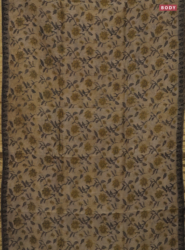 Chanderi bagru saree sandal and grey with allover prints and small zari woven border