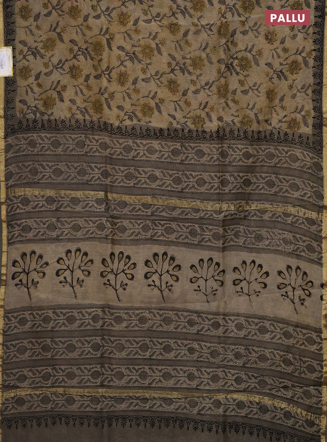 Chanderi bagru saree sandal and grey with allover prints and small zari woven border