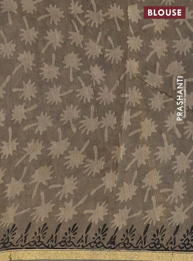 Chanderi bagru saree sandal and grey with allover prints and small zari woven border