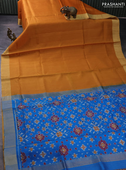 Pure raw silk saree mustard yellow and cs blue with plain body and ikat weaves pallu
