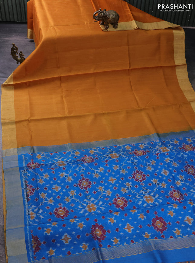 Pure raw silk saree mustard yellow and cs blue with plain body and ikat weaves pallu