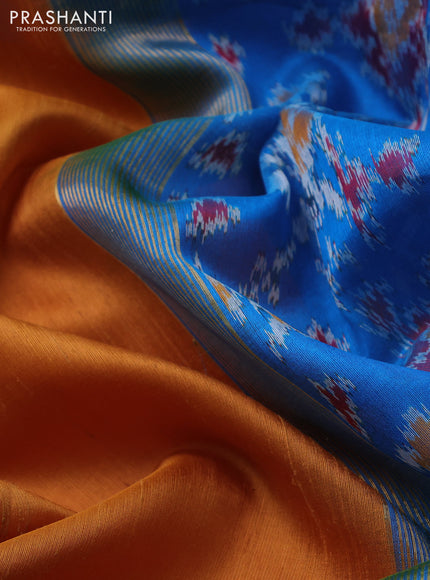Pure raw silk saree mustard yellow and cs blue with plain body and ikat weaves pallu