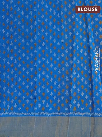 Pure raw silk saree mustard yellow and cs blue with plain body and ikat weaves pallu