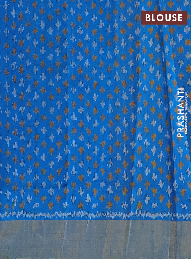Pure raw silk saree mustard yellow and cs blue with plain body and ikat weaves pallu