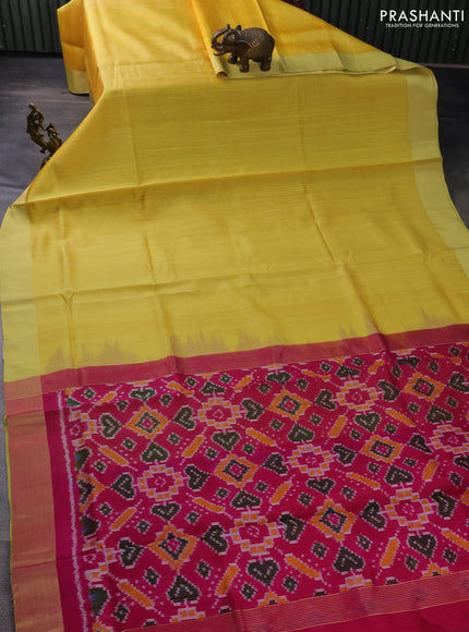 Pure raw silk saree yellow and pink with plain body and ikat weaves pallu