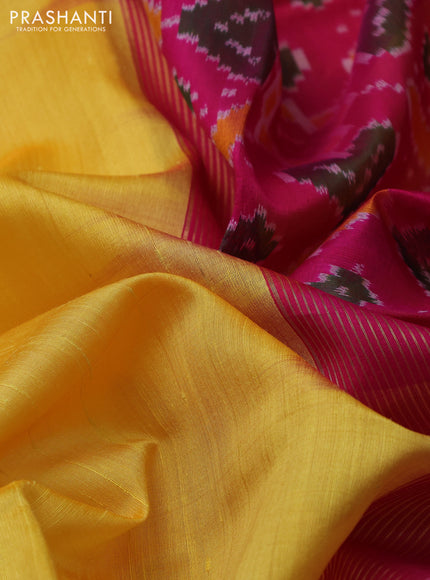 Pure raw silk saree yellow and pink with plain body and ikat weaves pallu