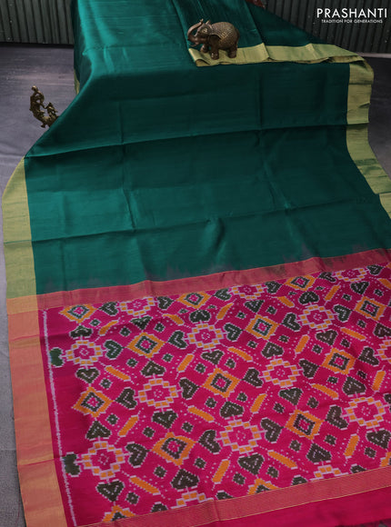 Pure raw silk saree green and magenta pink with plain body and ikat weaves pallu