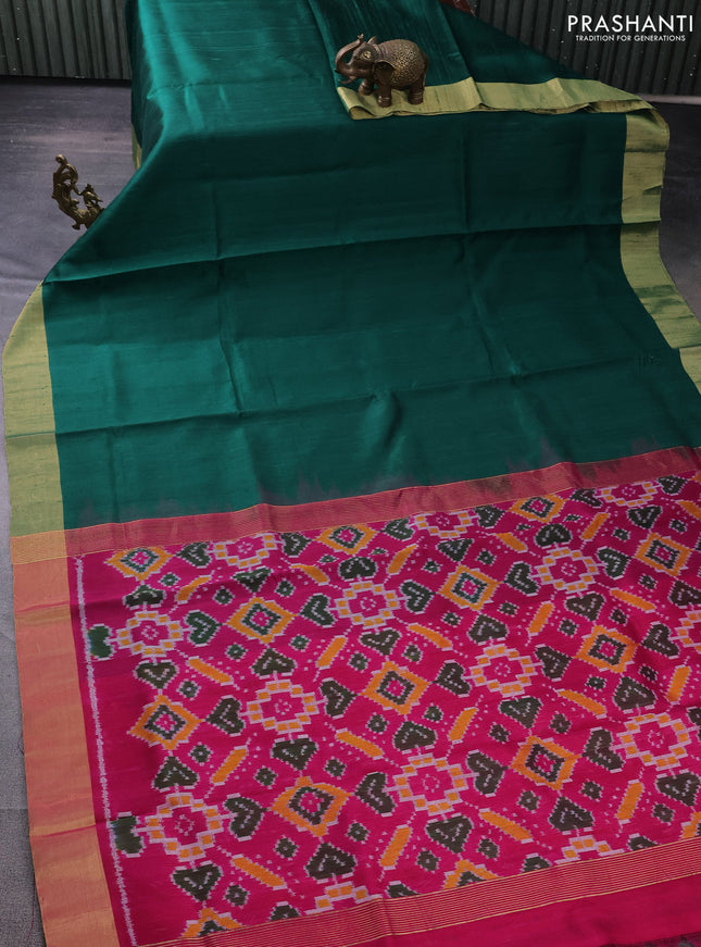 Pure raw silk saree green and magenta pink with plain body and ikat weaves pallu