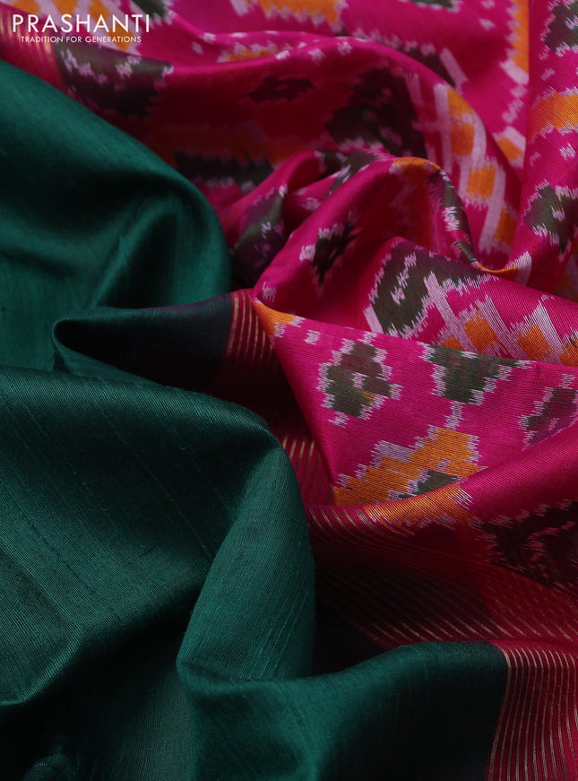 Pure raw silk saree green and magenta pink with plain body and ikat weaves pallu