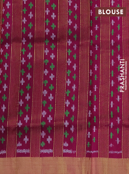Pure raw silk saree green and magenta pink with plain body and ikat weaves pallu
