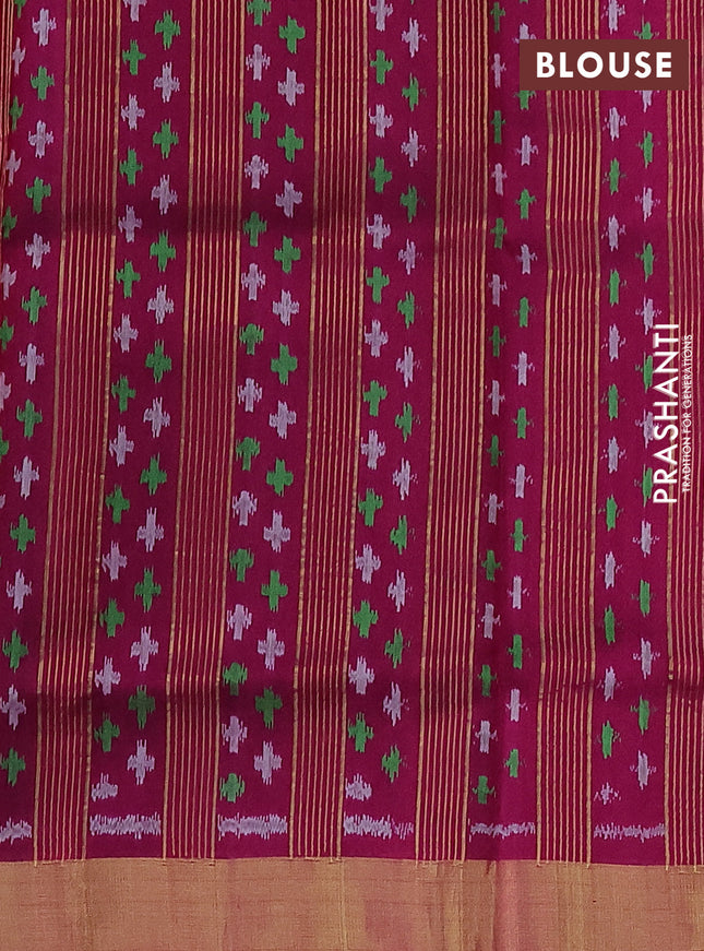 Pure raw silk saree green and magenta pink with plain body and ikat weaves pallu